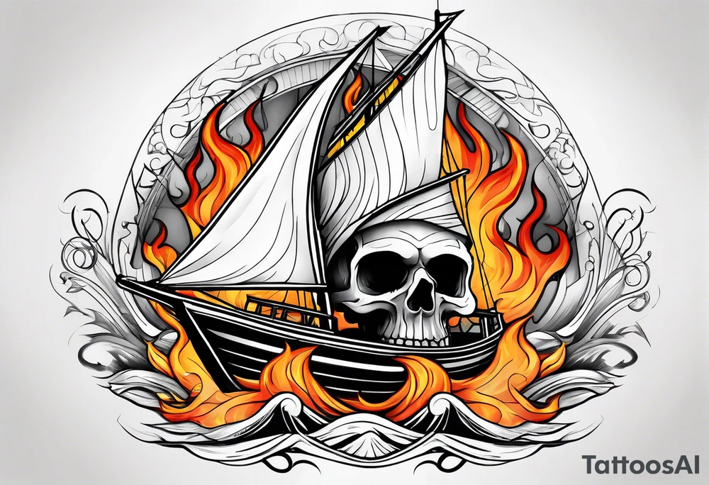 Skull in flames above a sailing boat. tattoo idea
