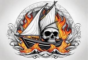 Skull in flames above a sailing boat. tattoo idea
