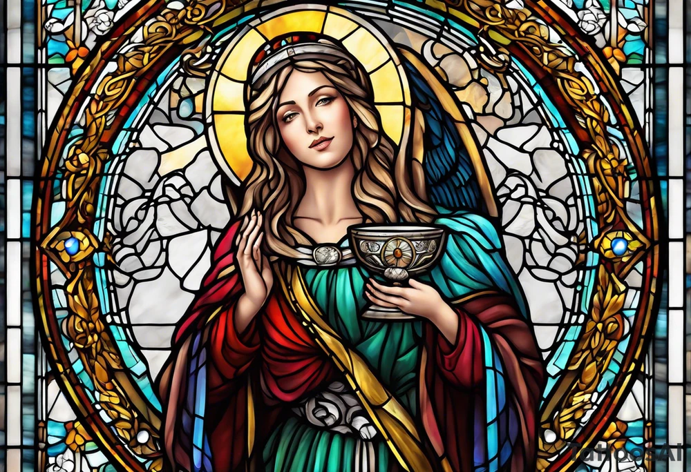 holy saint woman with halo stained glass holding a chalice with artillery tattoo idea