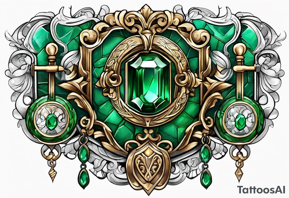 Lock and key with emerald stone tattoo idea