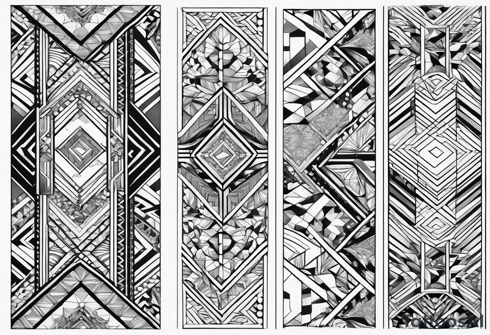 Mix match geometric pattern full leg and butt sleeve male tattoo idea