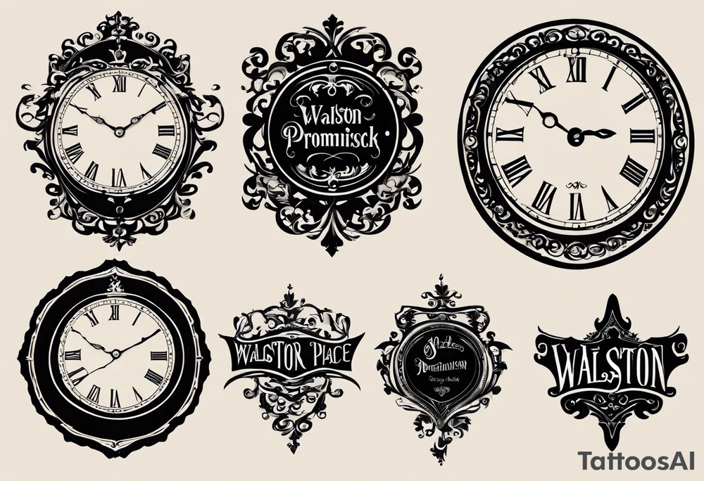 Here's a concept for your tattoo design:

1. **Name (Walston)**: Place the name "Walston" prominently, perhaps in an elegant, flowing script or calligraphy style, to give it a personal and stylish touch. This can be placed either at the top or bottom of the design.

2. **Clock**: Draw an old-fashioned pocket watch or a vintage clock, symbolizing the passage of time. Position it centrally in the design, ensuring it is the focal point.

3. **Doves**: Illustrate doves flying towards the clock from various directions. Doves often symbolize peace and freedom, adding a sense of serenity and movement to the tattoo.

The layout could be as follows:

- The name "Walston" arched elegantly above or below the clock.
- The clock in the center with intricate details.
- Doves flying in from the sides, with their wings spread, creating a dynamic flow towards the clock. tattoo idea