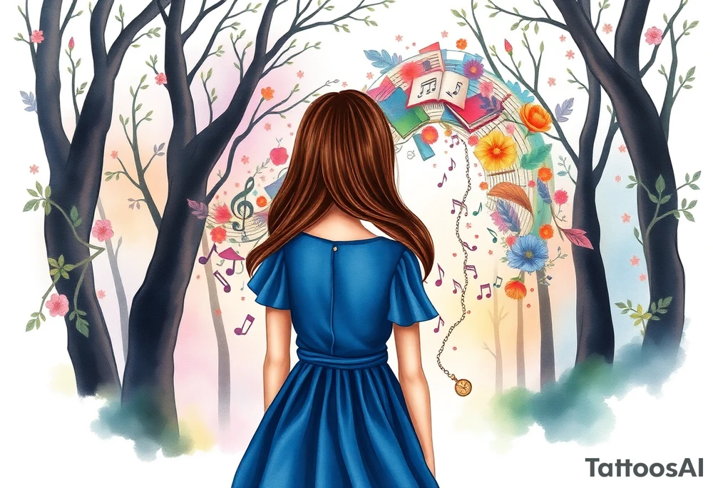 Back view of the silhouette of a brown hair girl in a blue dress inside a forest. She is following a magical colorful swirl of music notes, books, and flowers. A pocket watch is at the end of the swirl. tattoo idea