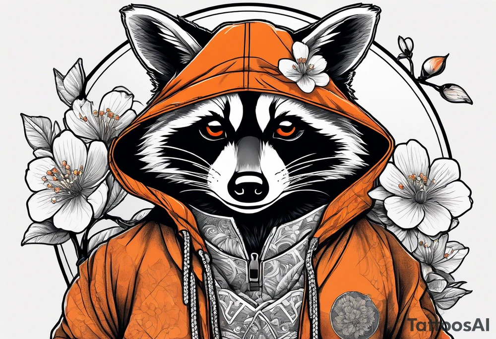 raccoon wearing a black and white Superman hoodie and orange Japanese cherry blossoms tattoo idea