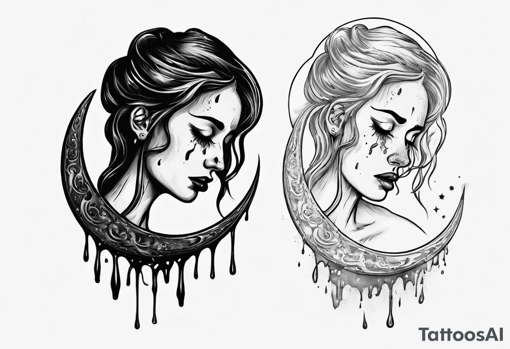 crescent moon with crying woman. she's crying tears of blood tattoo idea
