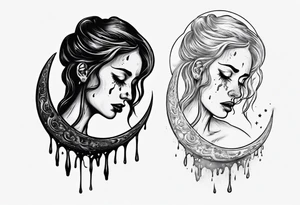 crescent moon with crying woman. she's crying tears of blood tattoo idea
