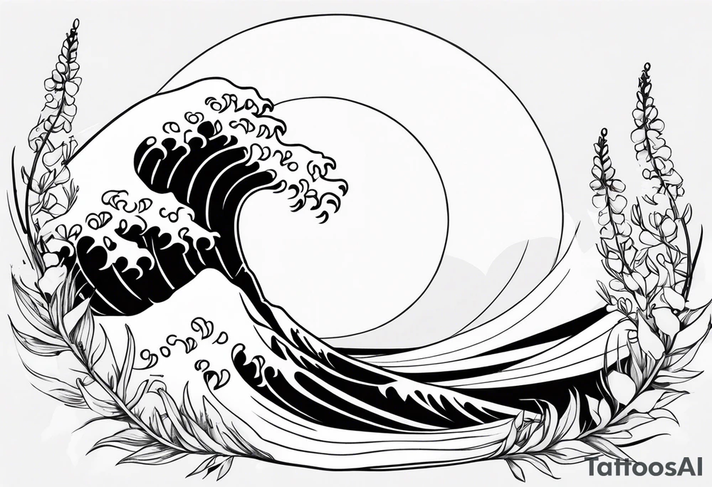 ocean wave surrounded by lupin and fireweed tattoo idea