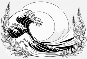 ocean wave surrounded by lupin and fireweed tattoo idea