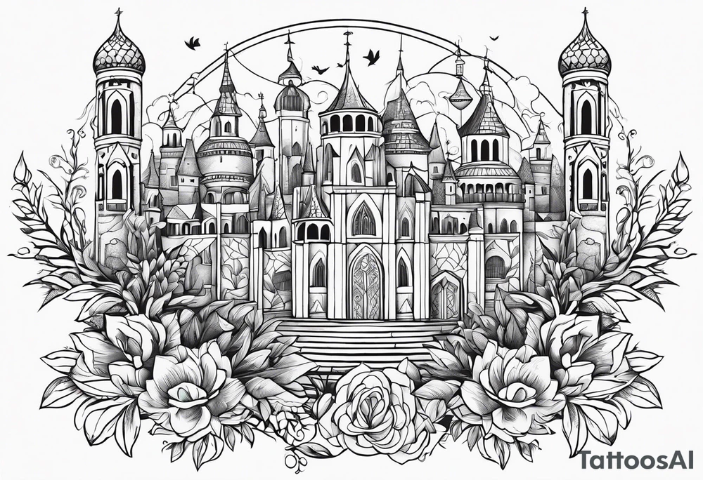 medieval tribal city land flowers vignette tattoo idea