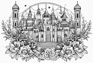 medieval tribal city land flowers vignette tattoo idea