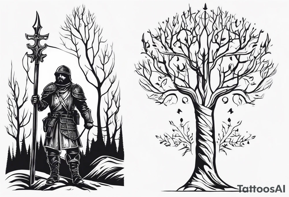 minimalist gothic trees, with an ancient slavic rus soldier wearing a helmet and a spike in hand in the background tattoo idea