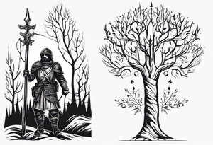 minimalist gothic trees, with an ancient slavic rus soldier wearing a helmet and a spike in hand in the background tattoo idea