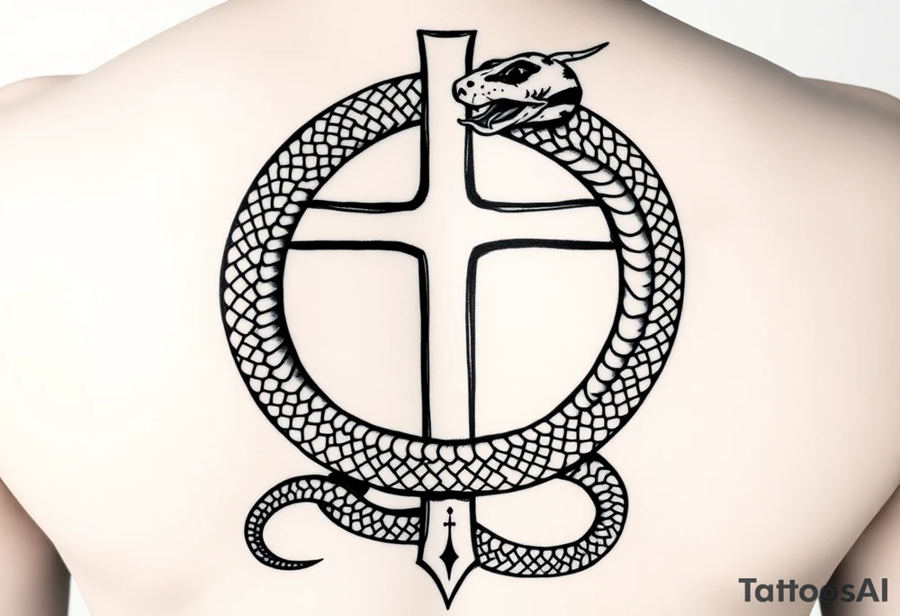 black and white drawing of a cross and a snake wrapped around it, leviathan cross, orthodox symbolism diesel punk, in hoc signo vinces, striking graphic illustration featuring a black cross engulfed by a snake, which forms an infinity loop. The snake is depicted with intricate scales and a menacing expression, coiling tightly around the vertical shaft of the cross. The overall composition is bold and simplistic tattoo idea