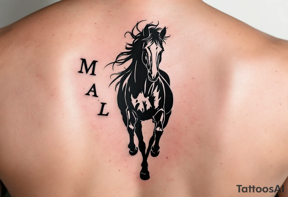 horse silhouette 
from the front which gallops from the front, with the 3 small letters discreetly integrated: M, A, L tattoo idea