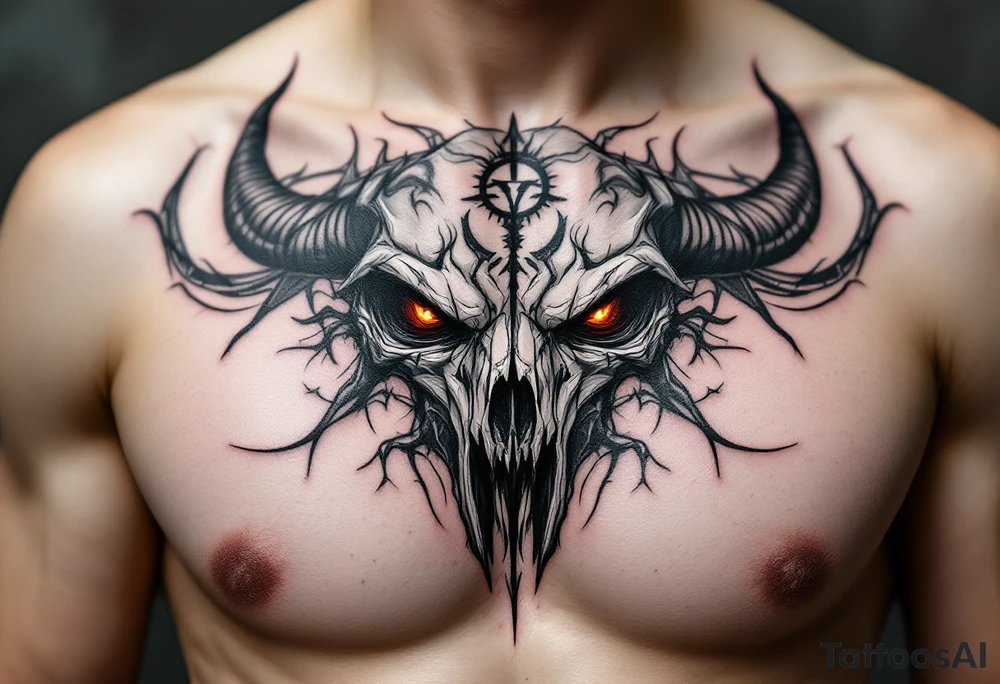 Abstract looking angry taurus skull chest tattoo with red eyes, taurus symbol in between eyes, smoking from the nose tattoo idea