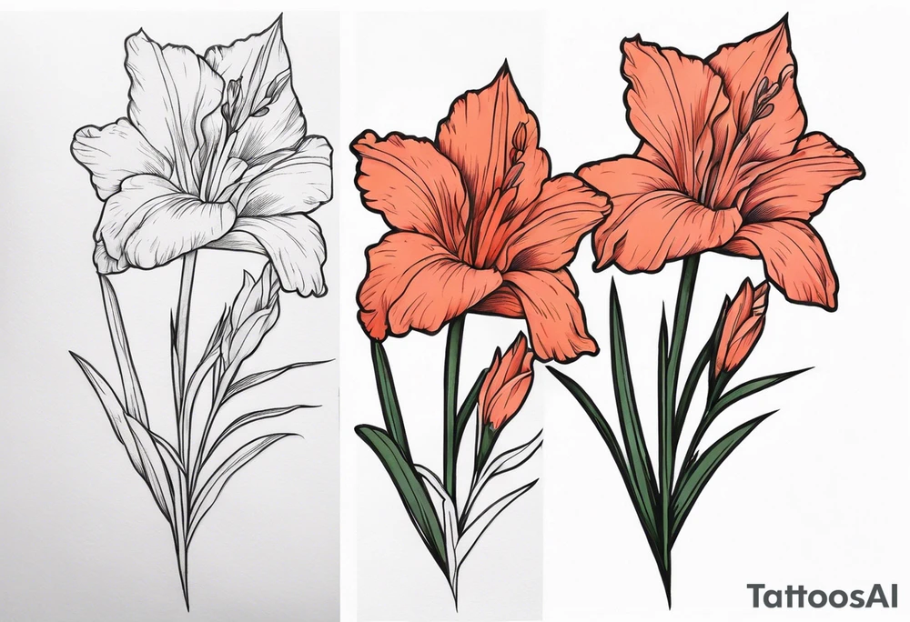 a narrow coral-colored gladiolus tattoo idea