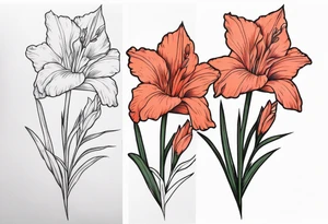 a narrow coral-colored gladiolus tattoo idea