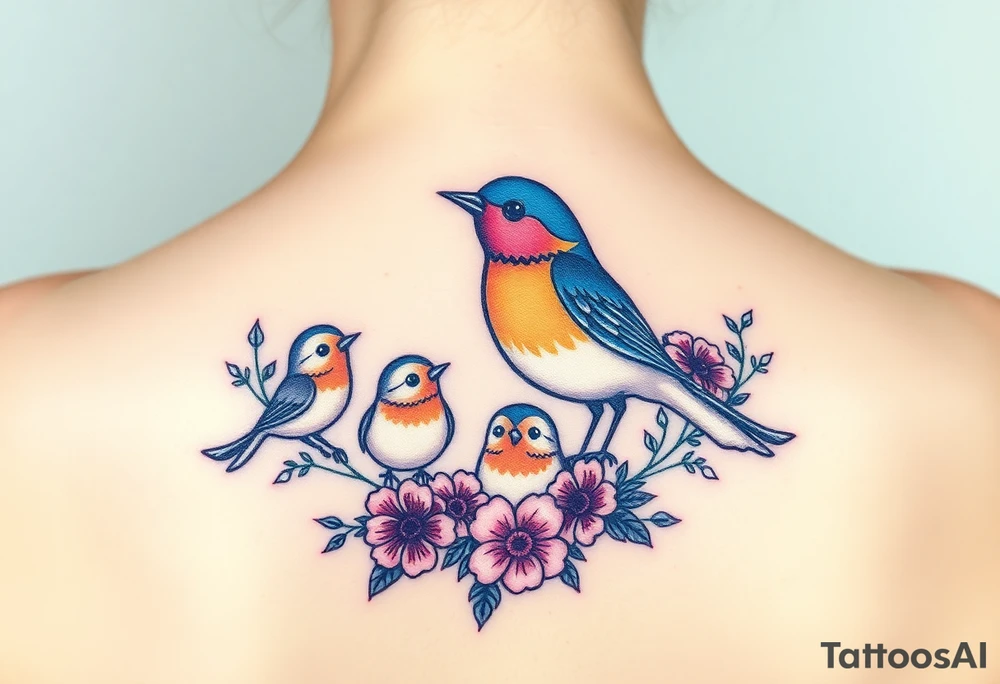 Mom bird and three baby birds with flowers tattoo idea