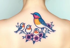 Mom bird and three baby birds with flowers tattoo idea
