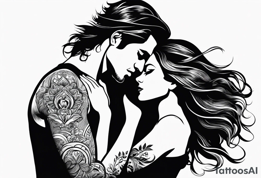 Couple black silhouette woman has long hair tattoo idea