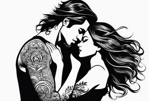 Couple black silhouette woman has long hair tattoo idea