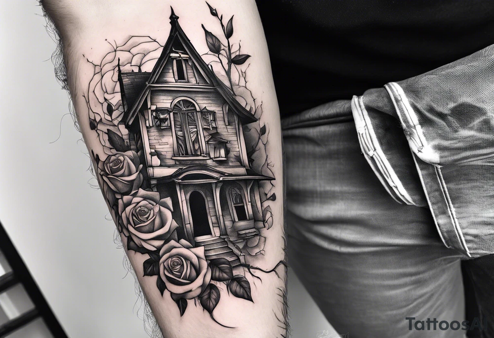 fool sleeve,, abandoned old gotic house, broken sword, roses, tattoo idea