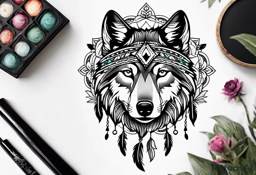 A whimsical wolf tattoo featuring mandala or dream catcher elements, with the wolf as the central focus, surrounded by mountains in the background. Include flowers and nature elements to fill the space around the wolf. Some color but not completely solid bold color tattoo idea