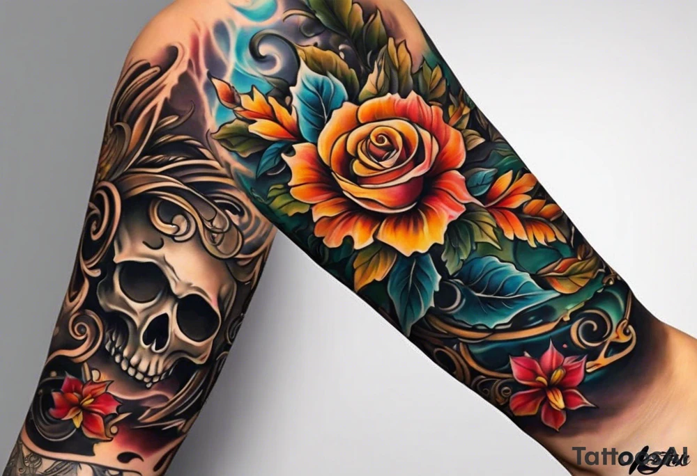 arm sleeve with fall colors, flowers, water flow shapes, leaves and various natural shapes, music notes, skulls tattoo idea
