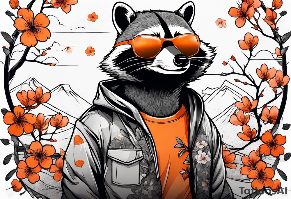 raccoon wearing a black and white Superman hoodie and orange Japanese cherry blossoms tattoo idea