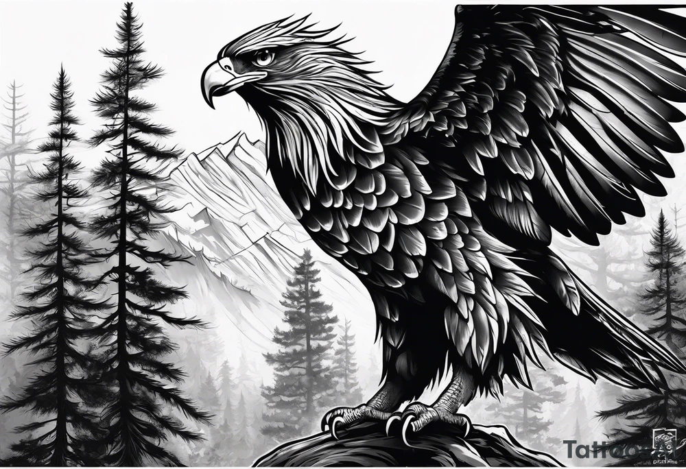 Full back tattoo ancient pine Forrest and giant black eagle tattoo idea