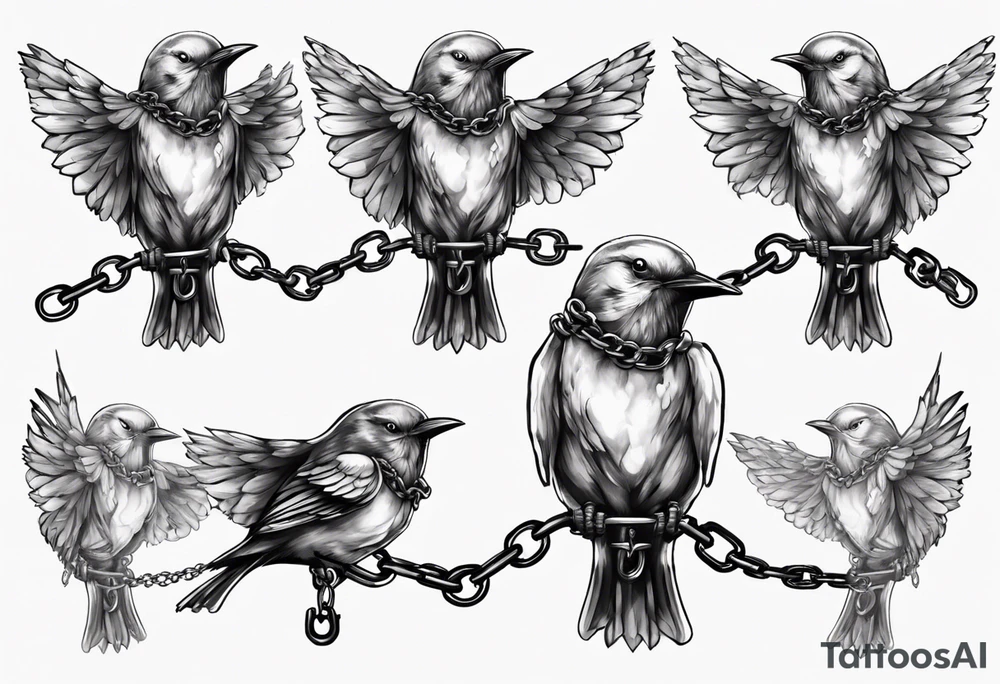 A headless songbird with shackle and chain on the leg tattoo idea