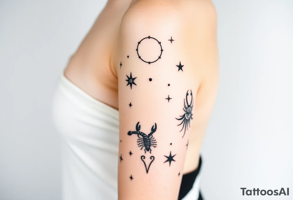 Stars constellation tattoo with libra, cancer, Taurus, 2 scorpio and capricorn tattoo idea