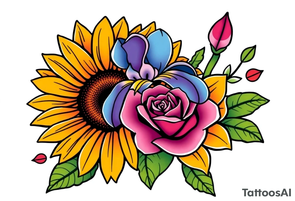 Sunflower,iris and a Rose flowers tattoo idea