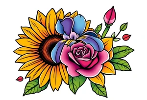 Sunflower,iris and a Rose flowers tattoo idea