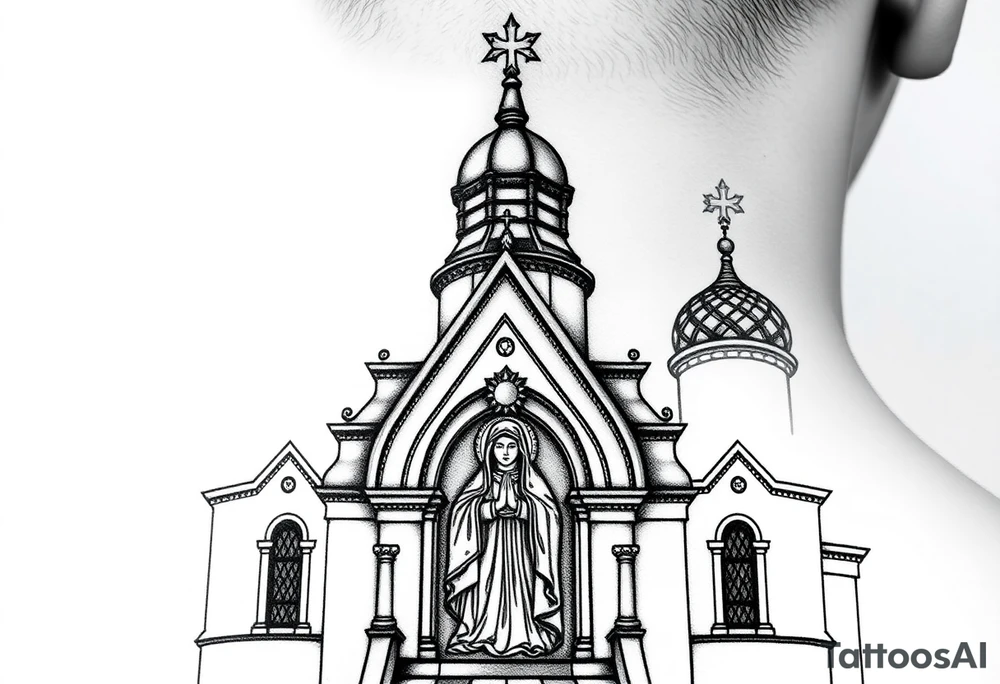 Flowing Scene

A onion domes orthodox church
Virgin Mary in prayer pose on the front doors of the russian orthodox church 
A small double headed russian coat of arms eagle or just the star tucked above the dome near the hairline tattoo idea
