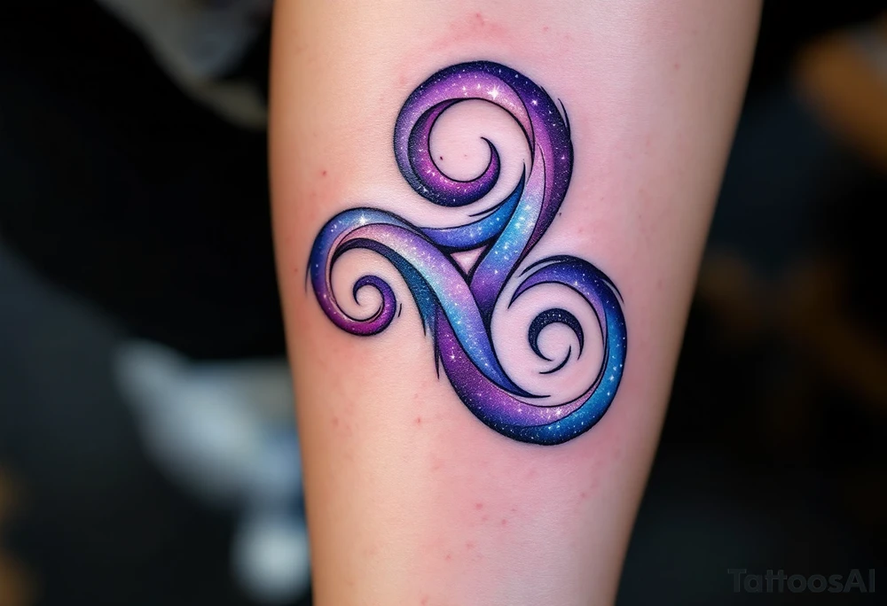 Three triskelion spirals blending purples, deep blues, and radiant whites. tattoo idea