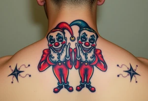 two jester clowns standing behind each other holding cheeks up to smile tattoo idea