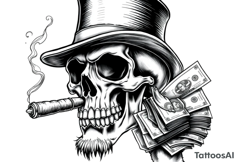 skull with mustache,a big cigar in his mouth,a top-hat on his head and alot of money in a hand. tattoo idea