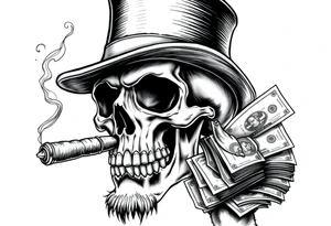skull with mustache,a big cigar in his mouth,a top-hat on his head and alot of money in a hand. tattoo idea