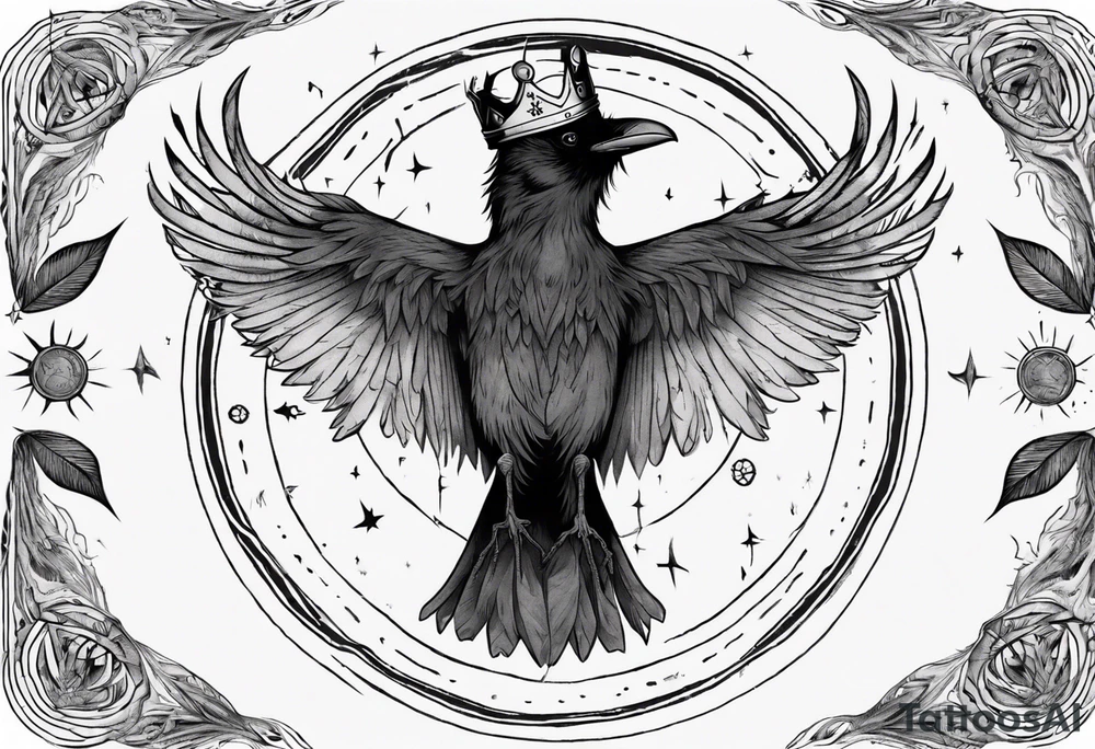Cunning Raven wearing a Crown flying towards the Sun. Mystic. tattoo idea