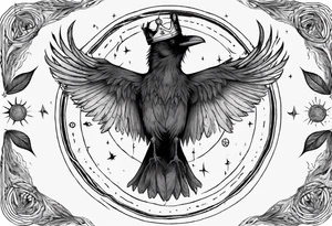 Cunning Raven wearing a Crown flying towards the Sun. Mystic. tattoo idea