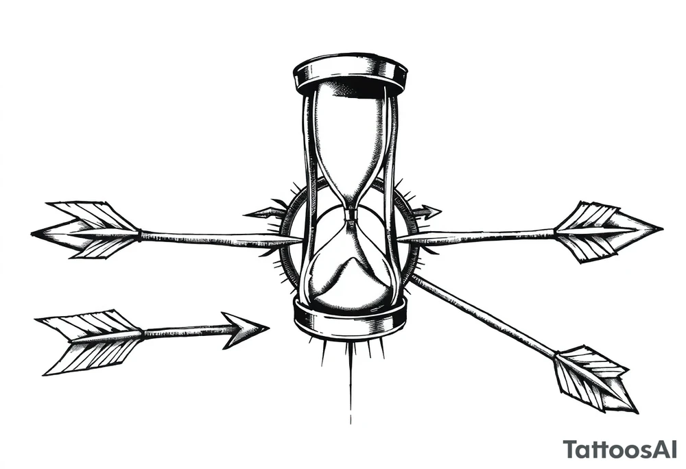 Detailed arrows pointing different ways with hourglass and compass over top tattoo idea