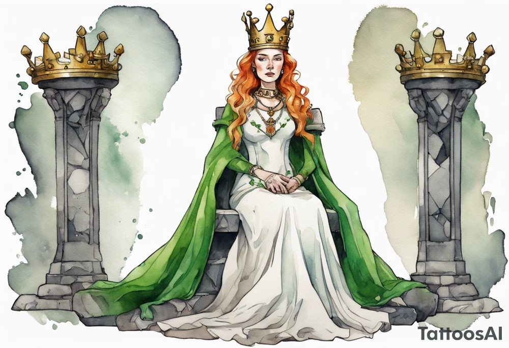 an Irish queen wearing a simple iron crown sitting on a stone throne tattoo idea