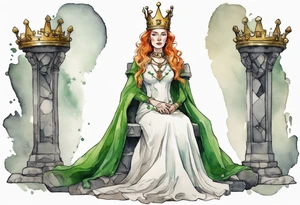 an Irish queen wearing a simple iron crown sitting on a stone throne tattoo idea