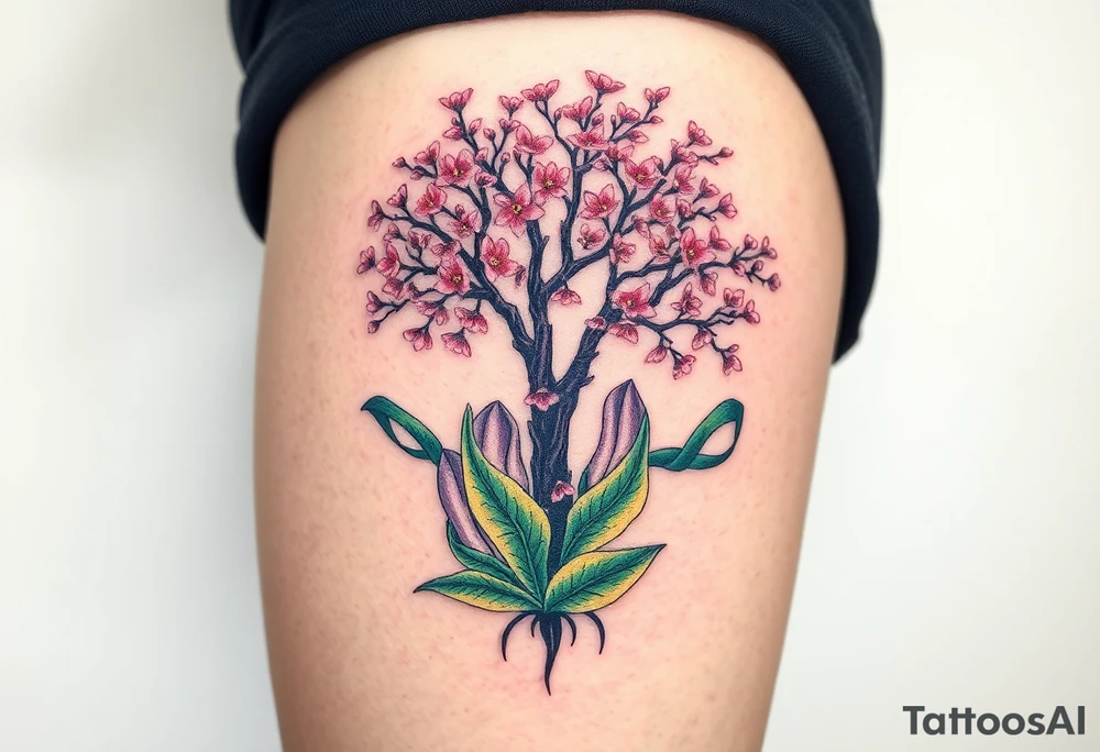 Lilly of the vally plants underneath a blooming hawthorn tree tattoo idea