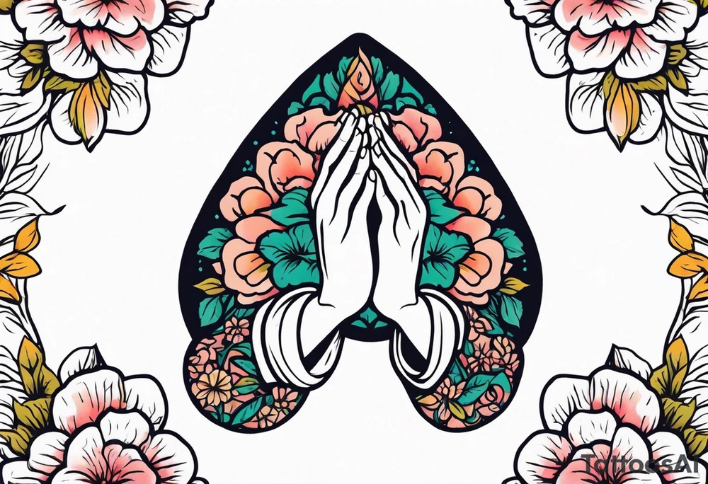 praying hands

old school vintage simple traditional design with vintage flowers surrounding
bold color simple tattoo idea