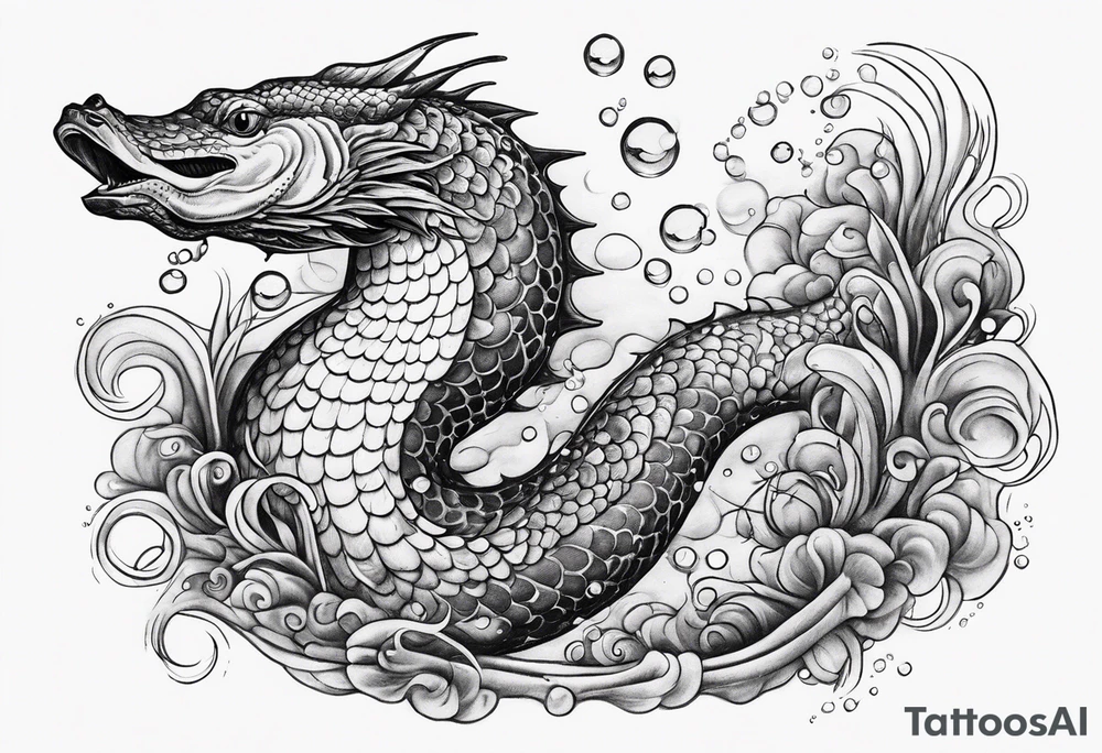 sea serpent underwater with fish and bubbles tattoo idea