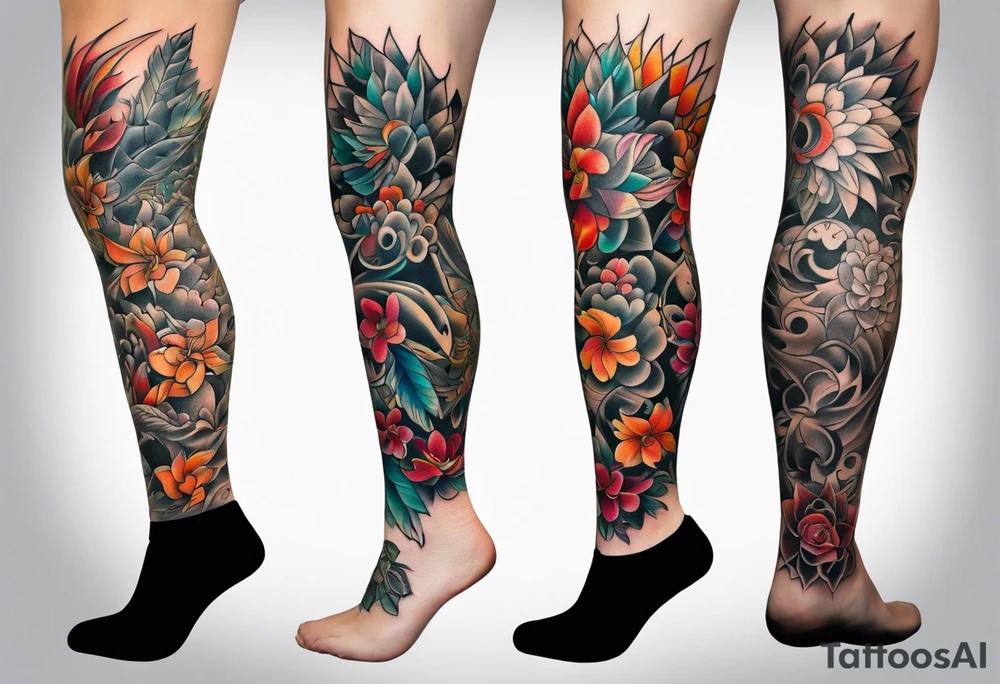 Full leg tattoo from hip to foot, straight drawing tattoo idea