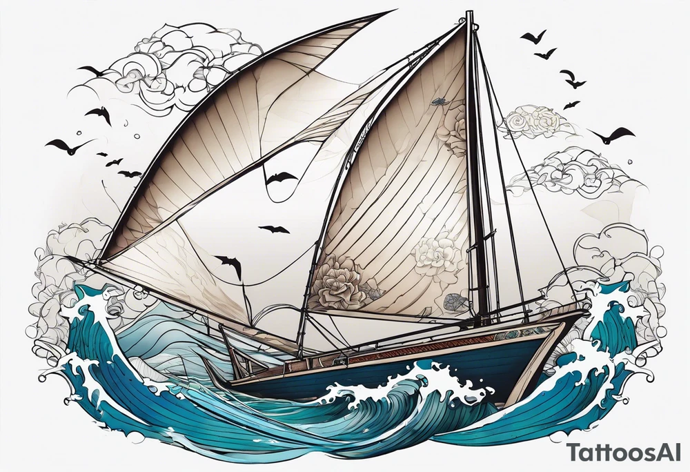 sloop rigged sailboat with pacific sheepshead and bat ray below the water line tattoo idea