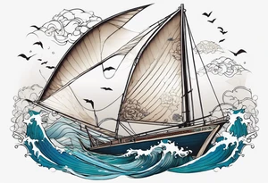 sloop rigged sailboat with pacific sheepshead and bat ray below the water line tattoo idea